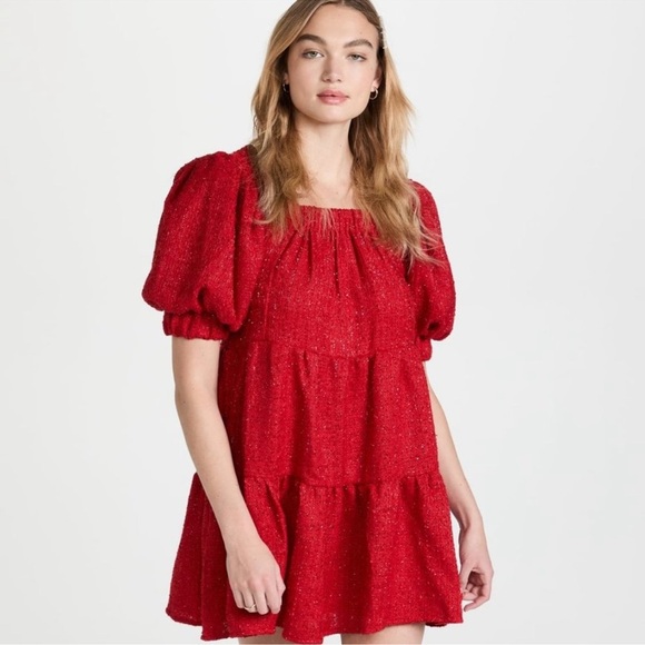 NWT Sister Jane Carina Red Tweed Mini Dress Size Medium Puff Sleeve Tiered - Picture 1 of 9